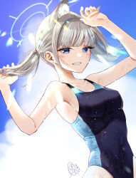 Rule 34 | 1girl, animal ear fluff, animal ears, black one-piece swimsuit, blue archive, blue eyes, blue sky, breasts, cloud, competition swimsuit, covered navel, cross hair ornament, extra ears, grey hair, grin, hair ornament, halo, highres, leonis g, low ponytail, medium breasts, medium hair, mismatched pupils, multicolored clothes, multicolored swimsuit, one-piece swimsuit, shiroko (blue archive), shiroko (swimsuit) (blue archive), sky, smile, solo, swimsuit, wolf ears