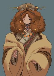 Rule 34 | 1other, :/, androgynous, animal ears, black eyes, blue background, brown coat, brown hair, chain, coat, curly hair, dog ears, hair ornament, hair tie, highres, jewelry, long sleeves, looking at viewer, medium hair, necklace, one eye closed, original, personification, robe, shima (wansyon144), solo, thick eyebrows, tibetan clothes, tibetan mastiff, upper body, wide sleeves