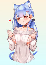 Rule 34 | 1girl, :q, absurdres, animal ear fluff, animal ears, bandaid, bandaids on nipples, bell, black choker, blue background, blue hair, blue tail, blush, breasts, brown background, cat ears, cat girl, cat tail, choker, choumi wuti (xueye fanmang zhong), closed mouth, collarbone, cropped torso, gradient background, hair ornament, hairclip, hands up, heart, heart-shaped pupils, heart hair ornament, highres, jingle bell, long hair, long sleeves, looking at viewer, medium breasts, neck bell, notice lines, pasties, plivyou, red eyes, ribbed sweater, shikai yue, sleeves past wrists, smile, solo, sweater, symbol-shaped pupils, tail, tongue, tongue out, twitter username, upper body, very long hair, virtual youtuber, white sweater
