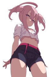 Rule 34 | 1girl, ahoge, azur lane, belt, black shorts, blouse, commentary request, crop top, from below, hair between eyes, highres, jilu, looking at viewer, looking down, midriff, navel, parted lips, pink belt, pink hair, purple eyes, saratoga (azur lane), shirt, short shorts, shorts, simple background, solo, white background, white shirt