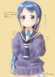 Rule 34 | 1girl, artist name, blue cardigan, blue eyes, blue hair, blue neckerchief, blush, cardigan, commentary request, kantai collection, long hair, looking at viewer, mae (maesanpicture), neckerchief, open mouth, sailor collar, samidare (kancolle), simple background, sleeves past fingers, sleeves past wrists, solo, swept bangs, translation request, very long hair, yellow background