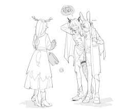 Rule 34 | ..., 3girls, absurdres, alina (arknights), animal ears, antlers, arknights, arm around shoulder, ascot, bear, blood, boots, cape, closed eyes, cooking pot, deer antlers, deer ears, deer girl, deer tail, dragon girl, dragon horns, dress, dropping, ear ornament, frostnova (arknights), full body, greyscale, hair between eyes, hair intakes, hair ornament, hair over one eye, hairclip, highres, horns, injury, jitome, long sleeves, looking at another, monochrome, multiple girls, official alternate costume, rabbit ears, rabbit girl, resul (scripppppp), scar, scar across eye, shirt, shoes, simple background, single leg pantyhose, single sock, socks, spoken animal, standing, tail, talulah (arknights), talulah the fighter (arknights), thigh strap, thighhighs, white background