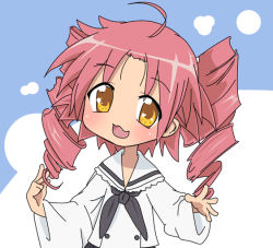 Rule 34 | 00s, 1girl, ahoge, black bow, blue sky, blush, bow, buttons, chibi, drill hair, frills, kogami akira, lucky star, pink hair, sky, smile, solo, teperyndroors, yellow eyes
