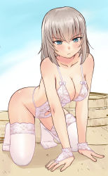 Rule 34 | 1girl, angry, arm support, bare shoulders, blue eyes, blue sky, breasts, bridal gauntlets, cleavage, closed mouth, cloud, cloudy sky, collarbone, commentary request, day, frown, full body, girls und panzer, gloves, itsumi erika, kneeling, lace, lace-trimmed legwear, lace trim, lingerie, long hair, looking at viewer, medium breasts, navel, on vehicle, outdoors, silver hair, sky, solo, thighhighs, underwear, unitard, uona telepin, v-shaped eyebrows, white gloves, white thighhighs