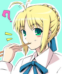 Rule 34 | 1girl, ?, ahoge, artoria pendragon (all), artoria pendragon (fate), blonde hair, casual, chopsticks, eating, fate/stay night, fate (series), female focus, green eyes, hair ribbon, kyouka asuka, motion lines, ribbon, rice, saber (fate), simple background, solo