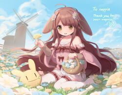 1girl animal_ears bare_shoulders basket blush brown_eyes brown_hair cloneko_(zelmeledf2) commentary_request commission detached_sleeves field flower flower_field full_body hair_flower hair_ornament highres holding holding_basket indie_virtual_youtuber long_hair neppie_nep no_shoes open_mouth outdoors rabbit_ears rabbit_girl signature sitting skeb_commission solo thighhighs very_long_hair wariza white_thighhighs