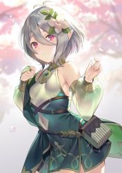 Rule 34 | 1girl, antenna hair, bare shoulders, blurry, blurry background, blush, branch, breasts, bridal gauntlets, cherry blossoms, commentary request, depth of field, detached sleeves, dress, eyebrows hidden by hair, flower, green sleeves, grey hair, hair between eyes, hair flower, hair ornament, highres, kokkoro (princess connect!), long sleeves, looking at viewer, natasha (pommier), parted lips, petals, pointy ears, princess connect!, puffy long sleeves, puffy sleeves, red eyes, see-through, see-through sleeves, sleeveless, sleeveless dress, small breasts, smile, solo, white dress, white flower
