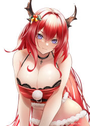 Rule 34 | 1girl, alternate costume, arknights, bare arms, bare shoulders, black choker, breasts, camisole, choker, cleavage, commentary request, crop top, cross, cross choker, hair between eyes, horns, large breasts, long hair, looking at viewer, midriff, pom pom (clothes), purple eyes, red hair, simple background, smile, solo, spaghetti strap, surtr (arknights), upper body, white background, yokaze (yokajie)