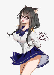 Rule 34 | 1girl, :d, animal ear fluff, animal ears, arms behind back, black-framed eyewear, black hair, blue sailor collar, blue skirt, braid, breasts, brown hair, collarbone, copyright request, dated, glasses, grey background, grey eyes, highres, large breasts, long hair, looking at viewer, open mouth, pleated skirt, rero (bigdoorbig2), sailor collar, school uniform, serafuku, shirt, signature, simple background, skirt, smile, solo, twin braids, white shirt