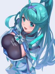 Rule 34 | 1girl, absurdres, breasts, chest jewel, earrings, female focus, greek text, green eyes, green hair, headpiece, highres, jewelry, large breasts, long hair, matching hair/eyes, pneuma (xenoblade), ponytail, saburou (jako), simple background, solo, swept bangs, tiara, very long hair, xenoblade chronicles (series), xenoblade chronicles 2