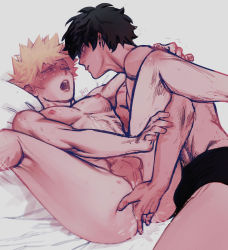Rule 34 | 2boys, absurdres, anal, anal fingering, anal fluid, bakugou katsuki, black briefs, black hair, black male underwear, blonde hair, blush, boku no hero academia, briefs, completely nude, eye contact, feet out of frame, fingering, grey background, highres, legs up, looking at another, looking at viewer, lying, male focus, male penetrated, male underwear, midoriya izuku, multiple boys, nipples, nude, on back, open mouth, parted lips, pectorals, penis, perineum, profile, saliva, short hair, spiked hair, testicles, topless male, underwear, wengwengchim, yaoi