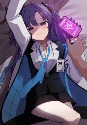 Rule 34 | 1boy, 1girl, absurdres, bed sheet, black gloves, black skirt, blazer, blue archive, blush, feet out of frame, gloves, highres, holding, holding another&#039;s wrist, holding phone, hypnosis, jacket, kukuku (kuruta 39), light smile, looking at viewer, loose necktie, lying, mind control, multicolored clothes, multicolored jacket, necktie, on back, open clothes, open jacket, phone, fake phone screenshot, pov, pov hands, purple eyes, purple hair, sensei (blue archive), skirt, solo focus, two-tone jacket, two side up, yuuka (blue archive)