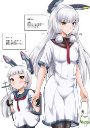 Rule 34 | &gt;:(, 10s, 2girls, aged down, aged up, bag, black legwear, brown eyes, comic, commentary request, dress, fingerless gloves, frown, gloves, hair ribbon, headgear, highres, holding hands, kantai collection, mother and daughter, multiple girls, murakumo (kancolle), neckerchief, pantyhose, red ribbon, remodel (kantai collection), ribbon, sailor collar, sailor dress, shopping bag, short sleeves, simple background, translation request, tress ribbon, v-shaped eyebrows, white hair, yano toshinori