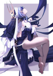 Rule 34 | 1girl, arknights, artist name, back cutout, bare legs, barefoot, blue dress, blue gloves, border, closed mouth, clothing cutout, dress, eyelashes, feet, from side, full body, gloves, habit, hands up, head back, highres, juliet sleeves, legs, long hair, long sleeves, looking at viewer, nun, paid reward available, puffy sleeves, purple background, purple eyes, purple hair, shadow, sitting, soles, solo, thighs, toes, whisperain (arknights), white border, yamauchi (conan-comy)