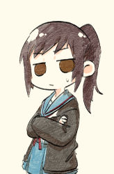 Rule 34 | 1girl, black cardigan, blue sailor collar, blue skirt, brown hair, cardigan, closed mouth, commentary request, crossed arms, faux traditional media, genderswap, genderswap (mtf), highres, kita high school uniform, kyonko, long hair, long sleeves, looking at viewer, open cardigan, open clothes, ponytail, red ribbon, ribbon, sailor collar, school uniform, serafuku, simple background, skirt, solid circle eyes, solo, suzumiya haruhi no yuuutsu, sweatdrop, upper body, wakatsuki misato, yellow background