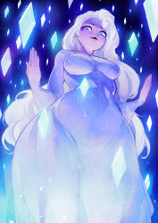 Rule 34 | 1girl, absurdres, bad id, bad pixiv id, blue eyes, breasts, covered navel, crystal, dark background, dress, elsa (frozen), from below, frozen (disney), frozen ii (disney), gofa, highres, long hair, looking at viewer, looking down, medium breasts, open hands, pale skin, see-through, silver hair, solo, sparkle