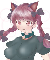 Rule 34 | 1girl, :d, animal ears, black bow, bow, braid, breasts, cat ears, commentary request, dress, extra ears, green dress, hair bow, hair ribbon, hashiro fumi, highres, kaenbyou rin, light blush, long hair, medium breasts, open mouth, red eyes, red hair, ribbon, short sleeves, simple background, smile, solo, touhou, tress ribbon, twin braids, upper body, white background