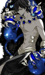 Rule 34 | 1boy, abs, cat, closed eyes, collarbone, earrings, fate/grand order, fate (series), greyscale, hair between eyes, jewelry, looking at viewer, male focus, monochrome, navel, necklace, ozymandias (fate), pawpads, pectorals, short hair, spot color, toned, toned male, topless male, wrist guards, zmore