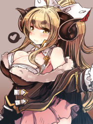 Rule 34 | 10s, 1girl, ahoge, amagaeru (hylathewet), anila (granblue fantasy), bare shoulders, blonde hair, blush, breasts, brown background, cleavage, commentary request, draph, eyebrows, female focus, fur, granblue fantasy, heart, highres, horns, large breasts, long hair, long sleeves, looking at viewer, looking back, open mouth, ponytail, sheep horns, short eyebrows, simple background, skirt, smile, solo, spoken heart, yellow eyes