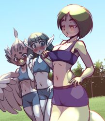 Rule 34 | 3girls, armpits, bare shoulders, beak, bike shorts, bird girl, blue eyes, blue hair, blue skin, blue sky, blush, body fur, breast envy, breasts, breath, cleavage, closed mouth, collarbone, colored skin, cowboy shot, day, dutch angle, feathered wings, female focus, fence, flat chest, furry, furry female, grass, green hair, half-closed eyes, hand on own hip, hand up, highres, hitmanatee, hot, lamia, legs together, light blush, looking down, medium breasts, midriff, miniskirt, monster girl, multicolored hair, multiple girls, navel, nose blush, open mouth, original, outdoors, parted bangs, pencil skirt, pointy ears, purple skirt, raised eyebrows, short hair, sketch, skirt, sky, spiked hair, sports bra, standing, stomach, streaked hair, sweat, tears, teeth, thighs, tree, two-tone hair, white fur, white hair, white wings, wide-eyed, winged arms, wings, yellow eyes