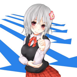 Rule 34 | 1girl, accelerator (toaru majutsu no index), albino, alternate costume, alternate eyebrows, arrow (symbol), black sweater, black sweater vest, black vest, blush, bow, bowtie, braid, breasts, closed mouth, commentary request, flower, grey hair, hair between eyes, hair flower, hair ornament, hand up, index finger raised, long sleeves, looking at viewer, medium breasts, medium hair, mismatched eyebrows, pink flower, red bow, red bowtie, red eyes, school uniform, shin (highest1192), shirt, short braid, sleeveless, sleeveless sweater, smile, solo, suzushina yuriko, sweater, sweater vest, t-shirt, toaru majutsu no index, upper body, vest, white background, white shirt