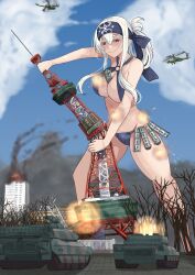 Rule 34 | 1girl, absurdres, aircraft, between breasts, bikini, blue bikini, blue headband, blue sky, breasts, brown eyes, building, burning, burning building, cloud, commission, criss-cross halter, day, destruction, giant, giantess, halterneck, headband, helicopter, highres, kamoi (kancolle), kantai collection, ken (shutenndouji1), military vehicle, motor vehicle, navel, outdoors, pixiv commission, pretzel bikini, sapporo tv tower, sidelocks, sky, smile, swimsuit, tank, thick eyebrows, tree, white hair