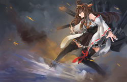 Rule 34 | 10s, 1990s (style), 1girl, ahoge, arceonn, battle, bishoujo senshi sailor moon r, black lady (sailor moon), boots, brown hair, cannon, detached sleeves, dutch angle, hairband, headgear, japanese clothes, kantai collection, kongou (kancolle), long hair, personification, retro artstyle, skirt, solo, thigh boots, thighhighs, wide sleeves