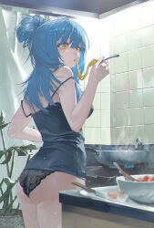 Rule 34 | 1girl, ass, bare shoulders, black panties, blue fire, blue tank top, blurry, blurry foreground, bowl, cooking, cowboy shot, curtains, eating, egg, fire, food, fork, frying pan, highres, holding, holding fork, kitchen, kitchen knife, knife, lace, leaf, long hair, noodles, original, panties, plant, potted plant, solo, standing, steam, stove, strap slip, tank top, tile wall, tiles, underwear, xleontan, yellow eyes