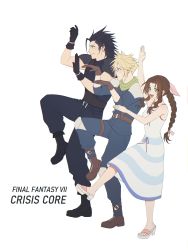 Rule 34 | 1girl, 2boys, absurdres, aerith gainsborough, aged down, aqua eyes, armor, baggy pants, bare arms, belt, black hair, blonde hair, blue pants, blue shirt, boots, braid, braided ponytail, breasts, brown hair, cloud strife, crisis core final fantasy vii, dress, facial scar, final fantasy, final fantasy vii, full body, gloves, green eyes, hair between eyes, hair ribbon, hair slicked back, hands up, highres, leg up, long sleeves, medium breasts, montaro, multiple belts, multiple boys, open mouth, pants, parted bangs, ribbon, sandals, scar, scar on cheek, scar on face, shirt, shoulder armor, sidelocks, sleeveless, sleeveless dress, sleeveless turtleneck, sleeves rolled up, smile, spiked hair, square enix, striped clothes, striped dress, suspenders, turtleneck, wavy hair, white background, white dress, zack fair