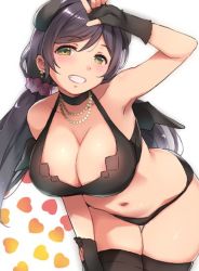 Rule 34 | 1girl, bikini, black bikini, black choker, black gloves, black hair, black wings, breasts, choker, cleavage, demon wings, duke (inu daimyou), earrings, elbow gloves, fake horns, fingerless gloves, gloves, green eyes, grin, hair ornament, hair scrunchie, hairband, halterneck, hand on forehead, hand on own leg, heart, horns, jewelry, large breasts, leaning forward, long hair, looking at viewer, love live!, love live! school idol project, navel, necklace, pearl necklace, purple hair, purple scrunchie, scrunchie, skindentation, smile, solo, swimsuit, thigh gap, thighhighs, tojo nozomi, twintails, wings