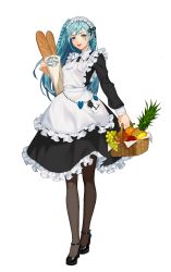 Rule 34 | 1girl, absurdres, aqua hair, baguette, basket, black footwear, black survival, blue eyes, braid, bread, brown pantyhose, card, collar, collared dress, dress, emma hardy, facial mark, fingernails, food, fruit, full body, grapes, hair between eyes, heart, highres, holding, holding basket, lips, long hair, long sleeves, looking at viewer, maid, maid headdress, official alternate costume, official art, orange (fruit), pantyhose, parted lips, pineapple, playing card, shoes, smile, solo, standing, transparent background, yamakawa