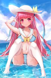 Rule 34 | 1girl, absurdres, arm up, ass, bikini, blue sky, breasts, cleavage, cloud, hat, highres, hololive, looking at viewer, minato aqua, multicolored hair, ocean, pink eyes, pink hair, sailor collar, side ponytail, sitting, sky, smile, streaked hair, striped bikini, striped clothes, swimsuit, thighhighs, to naive, virtual youtuber, white thighhighs