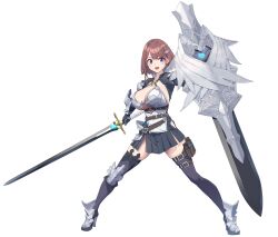Rule 34 | 1girl, absurdres, armor, armored boots, baffu, black shrug, black skirt, blue eyes, boots, breastplate, breasts, brown hair, cleavage, commentary, full body, hair ornament, highres, hitoyo (baffu), holding, holding shield, holding sword, holding weapon, knight, large breasts, leg armor, legs apart, looking at viewer, open mouth, original, pleated skirt, pouch, shield, short hair, simple background, skindentation, skirt, smile, solo, standing, sword, thigh pouch, weapon, white background