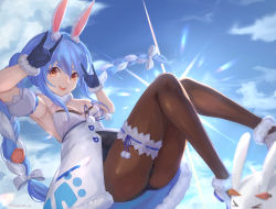 Rule 34 | &gt; &lt;, 1girl, absurdres, animal ear fluff, animal ears, arm cuffs, artist name, bare shoulders, black leotard, black pantyhose, blue hair, blue ribbon, bow, braid, breasts, carrot, carrot hair ornament, clothing cutout, cloud, coat, coat dress, commentary, detached sleeves, don-chan (usada pekora), dress, falling, food-themed hair ornament, fur-trimmed coat, fur-trimmed gloves, fur scarf, fur trim, gloves, hair between eyes, hair bow, hair ornament, hands up, highres, hikimayu, hololive, hololive fantasy, knees up, leotard, leotard peek, leotard under clothes, light rays, long hair, looking at viewer, m/, multicolored hair, ne.corn, open mouth, orange eyes, pantyhose, pekomon (usada pekora), pom pom (clothes), puffy short sleeves, puffy sleeves, rabbit-shaped pupils, rabbit ears, rabbit girl, ribbon, short eyebrows, short sleeves, sky, small breasts, smile, strapless, strapless coat, strapless dress, strapless leotard, sunbeam, sunlight, symbol-shaped pupils, thick eyebrows, thigh strap, twin braids, twitter username, two-tone hair, underboob cutout, usada pekora, usada pekora (1st costume), virtual youtuber, white bow, white coat, white hair