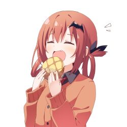 Rule 34 | 1girl, bat hair ornament, black shirt, bread, buttons, cardigan, closed eyes, collared shirt, commission, eating, fang, food, gabriel dropout, hair ornament, hair rings, haru (konomi 150), holding, holding food, long sleeves, melon bread, open mouth, orange cardigan, pixiv commission, red hair, satanichia kurumizawa mcdowell, shirt, short hair, simple background, smile, solo, upper body, white background