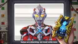 Rule 34 | 1boy, artist name, cable, commentary, company connection, computer, english commentary, english text, gao ex kaiser, glowing, glowing eyes, gridman universe, highres, holding, looking at viewer, orange eyes, ssss.gridman, straight-on, subtitled, tokusatsu, ultra series, ultraman, ultraman x, ultraman x (series)