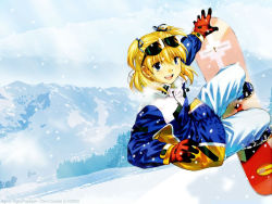 Rule 34 | 1girl, :d, blonde hair, blue eyes, blush, breath, chrno crusade, cloud, dutch angle, eyewear on head, gloves, hair ribbon, jacket, jumping, lens flare, moriyama daisuke, mountain, nature, official art, official wallpaper, open mouth, outdoors, ribbon, rosette christopher, short hair, short twintails, sky, smile, snow, snowboard, solo, sunglasses, third-party edit, twintails