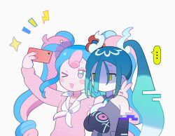 Rule 34 | ..., 2girls, :d, aqua eyes, blue hair, cellphone, choker, closed mouth, collared sweater, creatures (company), detached sleeves, dot mouth, expressionless, fairy miku (project voltage), flower, game freak, ghost miku (project voltage), glitch, hair flower, hair ornament, half-closed eyes, hatsune miku, heart, heart choker, highres, klarogiraffe, lightning bolt symbol, multiple girls, neckerchief, nintendo, official alternate costume, official alternate hairstyle, one eye closed, open mouth, phone, pink hair, pink nails, pink sweater, pokemon, project voltage, scrunchie, selfie, sleeves past wrists, smartphone, smile, sparkle, spoken ellipsis, sweater, twintails, v, vocaloid, white background, white neckerchief, wrist scrunchie, yellow eyes, yellow scrunchie