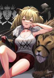 Rule 34 | 1girl, alpaca (alpaca00011), animal, animal ears, arknights, artist name, bare legs, black choker, black jacket, breasts, brown eyes, brown hair, choker, cleavage, collarbone, feet out of frame, fur trim, half-closed eyes, hammer, head rest, highres, holding, holding hammer, jacket, jacket on shoulders, kingdom of victora logo, large breasts, lion, lion ears, open mouth, over shoulder, red shorts, shirt, short shorts, shorts, siege (arknights), signature, simple background, sitting, sledgehammer, solo, thighs, weapon, weapon over shoulder, white background, white shirt