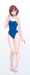 Rule 34 | 1girl, blue one-piece swimsuit, breasts, brown eyes, brown hair, closed mouth, collarbone, full body, gradient background, hair ornament, hairclip, highres, higuchi madoka, idolmaster, idolmaster shiny colors, medium breasts, mole, mole under eye, one-piece swimsuit, school swimsuit, short hair, solo, swimsuit, yuuji (and)