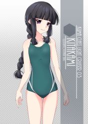 Rule 34 | 1girl, alternate breast size, artist name, black eyes, black hair, blunt bangs, blush, braid, character name, checkered background, collarbone, competition swimsuit, cowboy shot, flat chest, gluteal fold, gradient background, green one-piece swimsuit, grey background, grin, hair ribbon, highres, inaba shiki, kantai collection, kitakami (kancolle), long hair, multicolored clothes, multicolored swimsuit, one-piece swimsuit, ribbon, sidelocks, single braid, smile, solo, striped clothes, striped one-piece swimsuit, swimsuit, tress ribbon, vertical-striped clothes, vertical-striped one-piece swimsuit