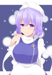 Rule 34 | 1girl, absurdres, breasts, closed mouth, garasuita, hat, highres, large breasts, letty whiterock, looking at viewer, polearm, purple eyes, purple hair, purple vest, scarf, short hair, smile, solo, touhou, trident, upper body, vest, weapon, white hat, white scarf