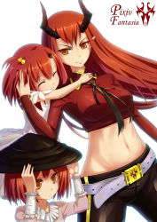 Rule 34 | 3girls, age difference, belt, chinese clothes, crop top, dress, closed eyes, hand on another&#039;s face, hat, highres, horns, hug, long hair, midriff, mole, mole under eye, multiple girls, navel, orange eyes, pants, pixiv fantasia, pixiv fantasia fallen kings, pointy ears, red hair, short hair, siblings, sisters, slit pupils, smile, very long hair, white dress, xiaoyin li