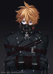 Rule 34 | 1boy, ahoge, black background, black jacket, blue eyes, bound, bound arms, buttons, collared jacket, commentary request, covered mouth, crossed bangs, double-breasted, earrings, genshin impact, gradient background, grey background, hair between eyes, hiki yuichi, jacket, jewelry, long sleeves, looking at viewer, male focus, orange hair, short hair, simple background, single earring, solo, tartaglia (genshin impact), upper body