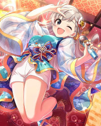 Rule 34 | 1girl, annindoufu (oicon), blue eyes, dress, highres, hisakawa hayate, holding, holding microphone, idolmaster, idolmaster cinderella girls, jumping, microphone, official art, one eye closed, open mouth, shorts, silver hair, tagme, wink