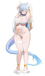 Rule 34 | 1girl, absurdres, animeattics, arm behind head, black choker, blue hair, bra, breasts, choker, closed eyes, commentary, curvy, dragon girl, dragon horns, dragon tail, english commentary, highres, horns, large breasts, long hair, navel, original, panties, slippers, solo, tail, thick thighs, thigh strap, thighs, underwear, white background, white bra, white panties
