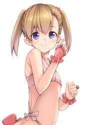 Rule 34 | 1girl, ass, bad id, bad pixiv id, blonde hair, blue eyes, blush, commentary request, flat chest, kouno hikaru, looking at viewer, looking back, original, short hair, short twintails, smile, solo, twintails, white background, wrist cuffs