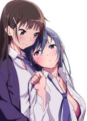 Rule 34 | 2girls, bad id, bad twitter id, blue hair, blush, brown hair, character request, copyright request, dress shirt, hair ornament, hairclip, hand on another&#039;s head, holding tie, long hair, multiple girls, necktie, necktie grab, neckwear grab, open clothes, open shirt, purple eyes, shinjiro, shirt, simple background, smile, white background, yuri