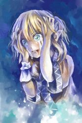 Rule 34 | 1girl, arm warmers, artist name, blonde hair, blood, blood from mouth, blue background, brown shirt, commentary request, crying, crying with eyes open, green eyes, hands in hair, hands on own head, highres, mizuhashi parsee, nagayo, open mouth, pointy ears, scarf, shirt, short hair, short sleeves, single arm warmer, solo, tears, touhou, upper body, white scarf