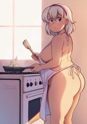 Rule 34 | 1girl, apron, artist name, ass, belly, blue eyes, breasts, character request, cloudxmoe, cooking, copyright request, dot mouth, feet out of frame, from side, frying pan, hair between eyes, hairband, highres, holding, kitchen, large breasts, looking at viewer, median furrow, mole, mole under eye, naked apron, oven, parted lips, plump, shadow, sideboob, sidelighting, solo, standing, stove, thick thighs, thighs, white apron, white hair, window